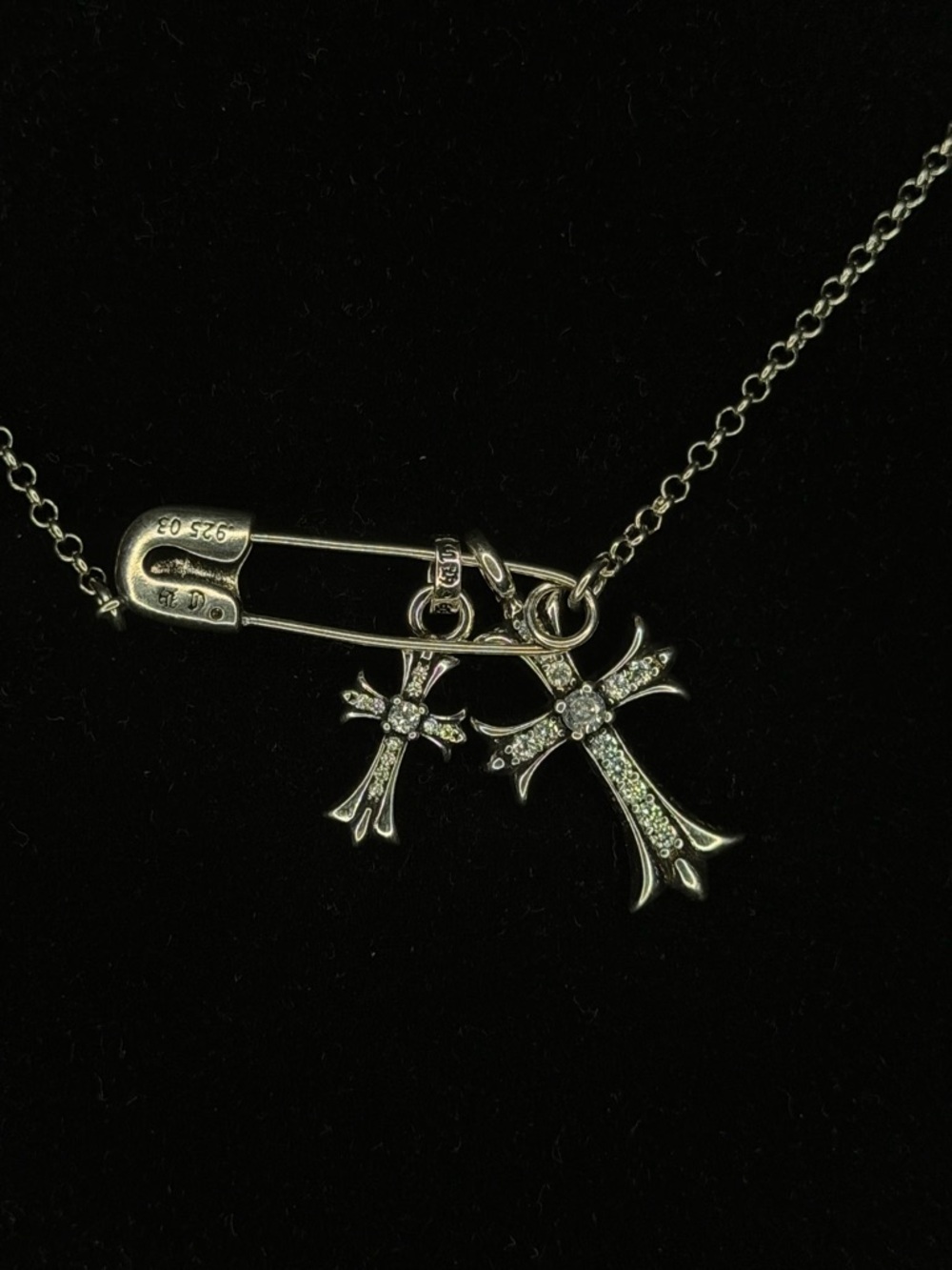 Chrome Hearts Safety Pin Double Diamond Studded Floral Cross Unisex Necklace - Picture 3 of 7